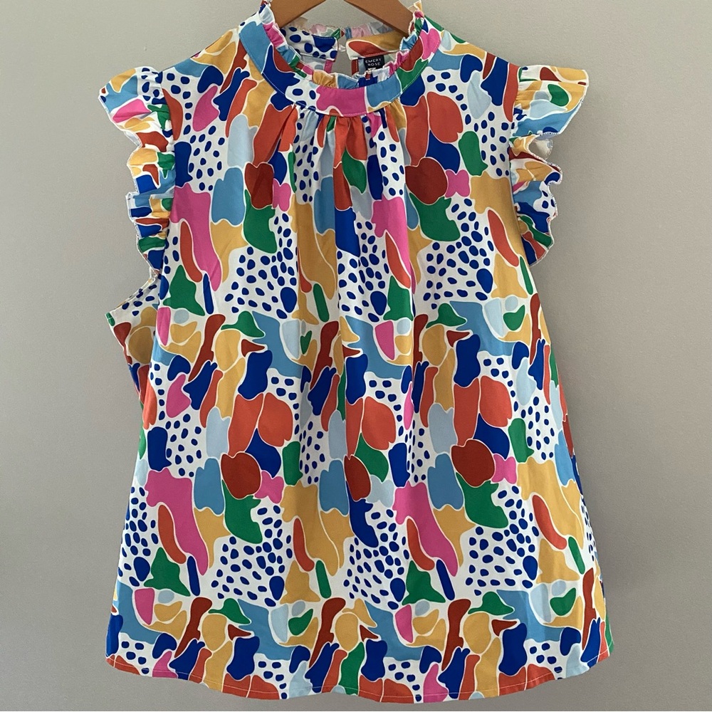 Multicolor Abstract Print Ruffle Sleeve Geometric Fun Statement Top